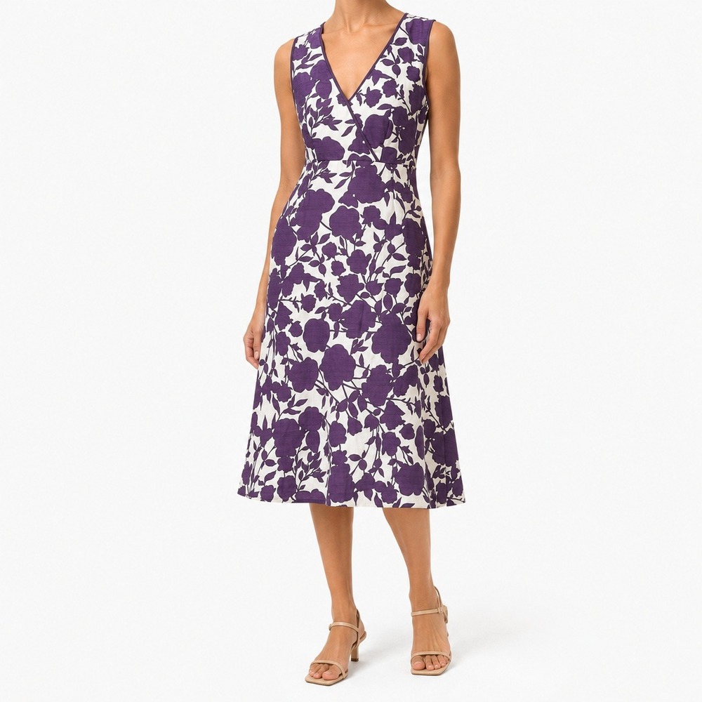 Boden Floral Cotton Sheath Dress Womens 6R Purple White V-Neck Summer Casual
